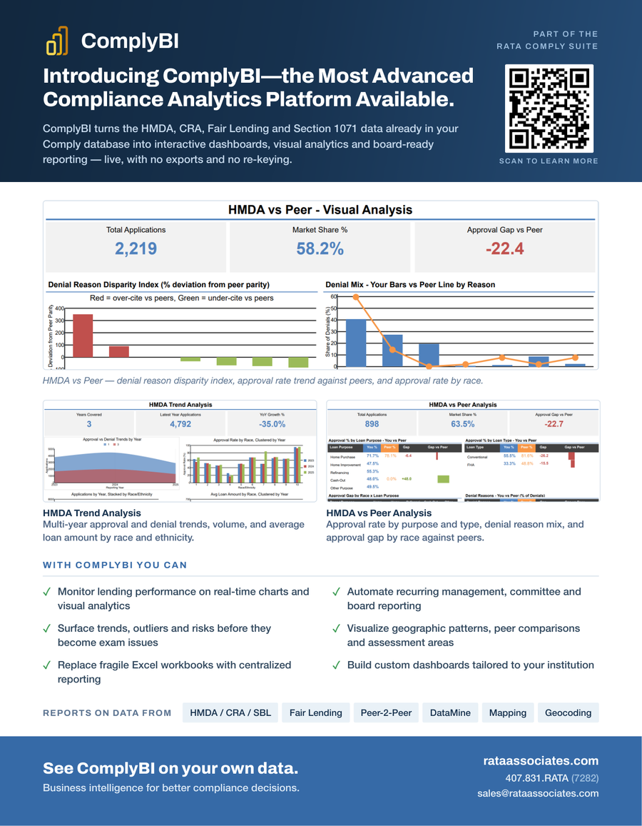 ComplyBI sales flyer: HMDA versus peer visual analysis, denial reason disparity index, HMDA trend analysis, and what you can do with ComplyBI