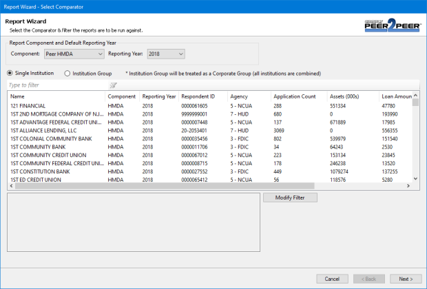 Comply Peer-2-Peer Report Wizard listing HMDA peer institutions with respondent ID, agency, application count and assets
