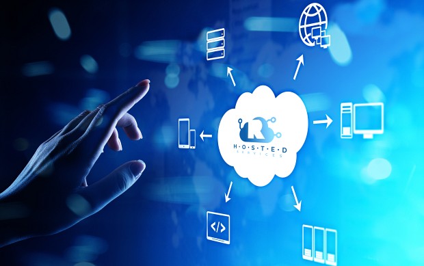 RATA Hosted Services cloud icon connected to servers, phones, workstations and file storage