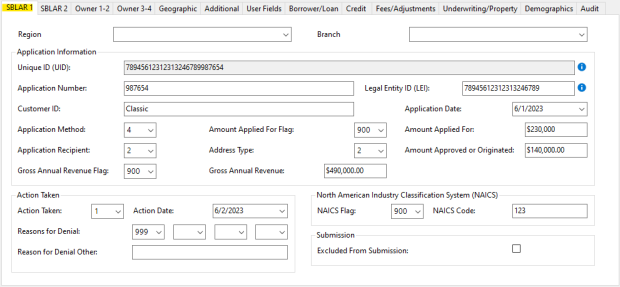 Comply SBL 1071 application entry screen with borrower, NAICS and gross annual revenue fields