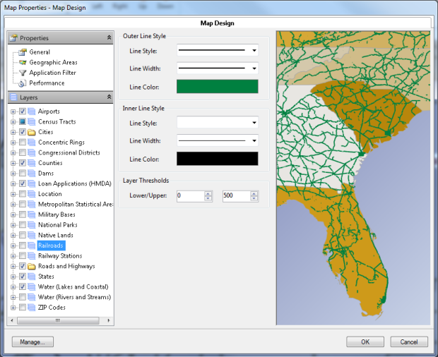 Map Design panel with Census Tracts and Counties layers enabled over a Florida assessment area map