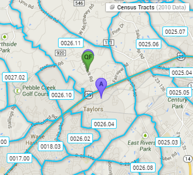 Interactive map with pins at two census tracts near Taylors, SC, labeled with their tract numbers