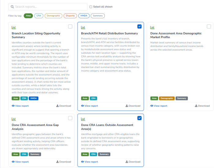 The ComplyBI Report Library: a search box, tag filters for area, CRA, demographic, disparity, HMDA and summary, and report cards each describing the question that report answers