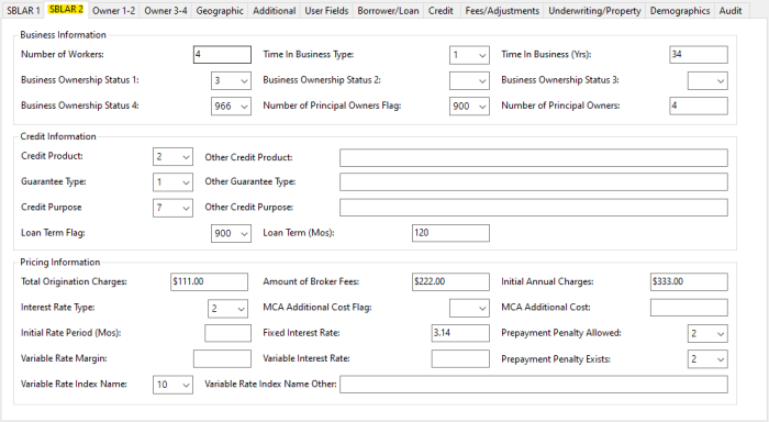 Comply SBL 1071 SBLAR 2 tab showing business information, credit information and pricing information including origination charges and interest rate type
