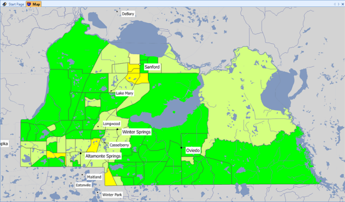 Official FDIC CRA assessment area map with census tracts shaded by income level across Sanford, Lake Mary, Longwood, Winter Springs and Oviedo