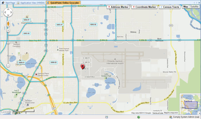 Comply QuickPoint online geocoder showing an address marker on a Google Maps base with cyan census tract boundaries and tract numbers labelled