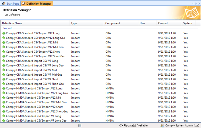 Comply definition and report manager listing saved report and table definitions