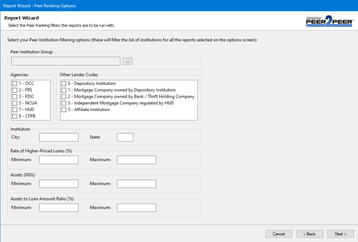 Comply Peer-2-Peer Report Wizard peer institution filtering step with agency checkboxes, other lender codes, city and state, rate of higher-priced loans, assets and assets-to-loan-amount ratio