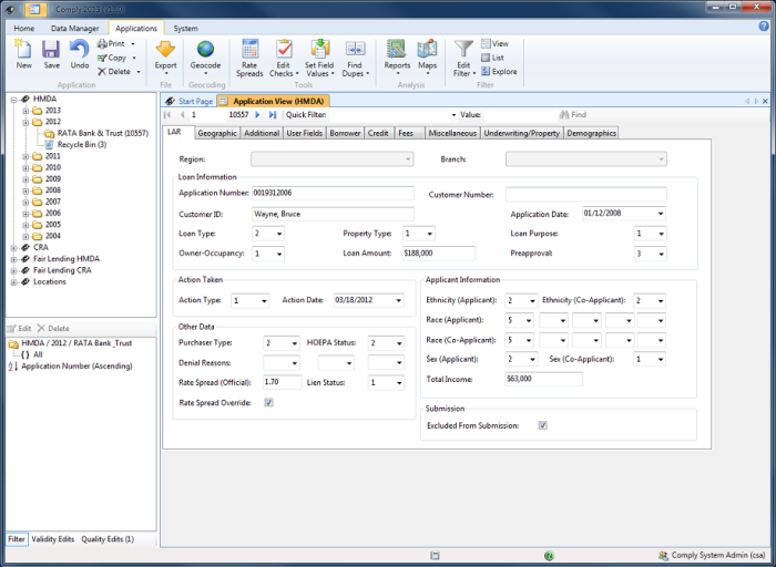 Comply application view showing one HMDA record with every FFIEC edit check result