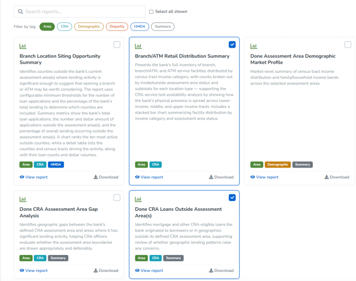 The ComplyBI Report Library: a search box, tag filters for area, CRA, demographic, disparity, HMDA and summary, and report cards each describing the question that report answers