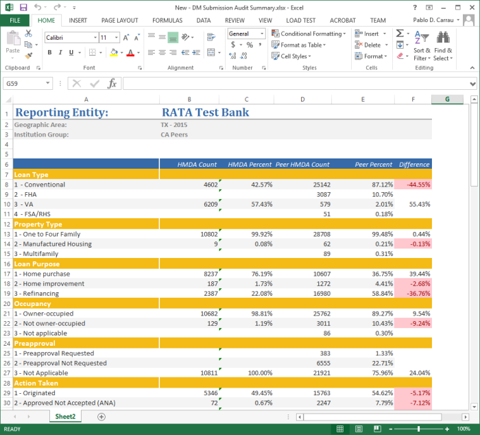 DataMine Submission Audit Summary in Excel comparing loan type, property type, loan purpose, occupancy, preapproval and action taken against peer percentages with a difference column